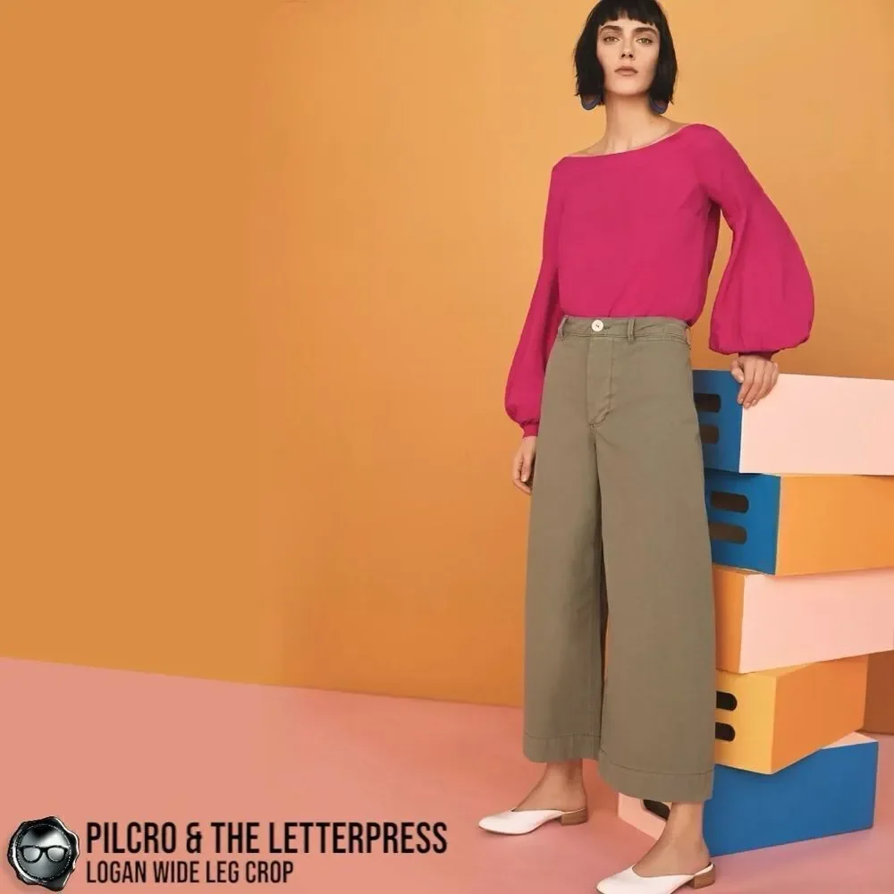 ANTHROPOLOGIE PILCRO & THE LETTERPRESS LOGAN WIDE LEG CROP PANTS IN OLIVE GREEN